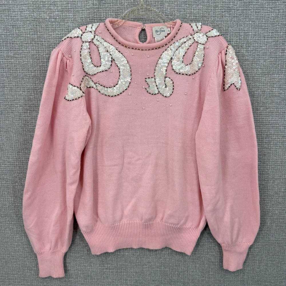 Vtg Tan Jay Sequin Bow Sweater Women L Pink Coquette